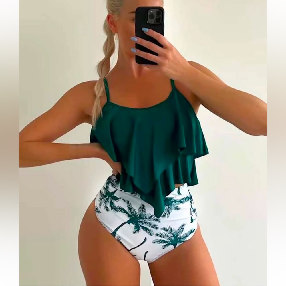 Tropical Print Ruched High Waisted Bikini Set🌴